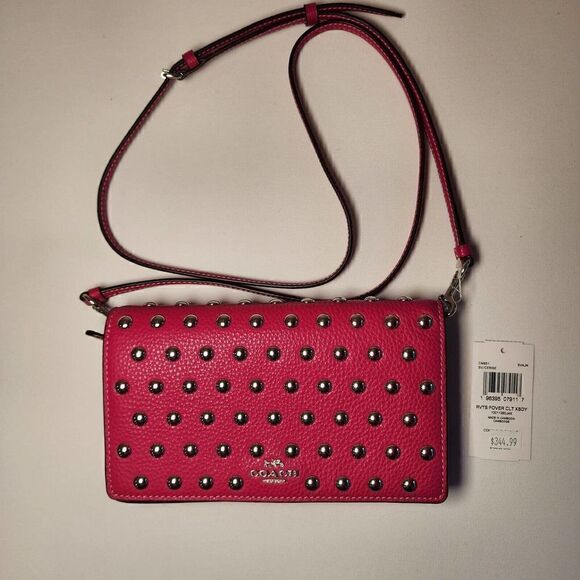 NWT Coach CM851 Anna Foldover Clutch Crossbody with Rivets Pebble Cerise Pink - Picture 5 of 5